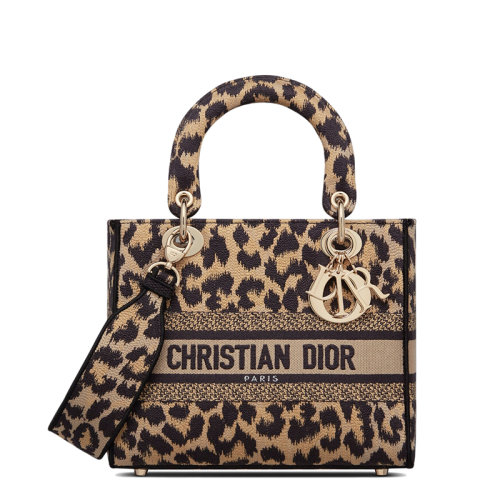 DIOR/迪奥  LADY D-LITE系列 女士中号米色拼色Mizza图案豹纹刺绣单肩斜挎手提戴妃包M0565ORHM_M918