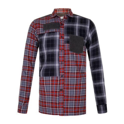 Lanvin/浪凡 翻领 长袖 红灰色格纹 补丁装饰 男士长袖衬衫