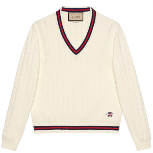 GUCCI/古驰 男士象牙色织带棉质针织V领毛衣653626XKBUR9182