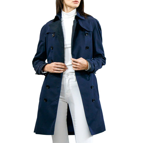 BURBERRY/博柏利 女士海军蓝色棉质混纺尼龙双排扣中长风衣外套 3946321