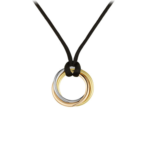 CARTIER/卡地亚 TRINITY系列 18K金白金玫瑰金黄金三环三色黑色细绳项链 B3041200