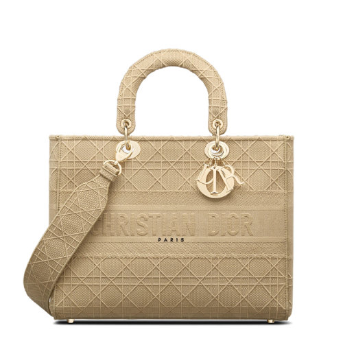 DIOR/迪奥 22春夏新款LADY D-LITE系列 女士大号米色织物藤格纹刺绣金扣单肩斜跨手提戴妃包M0566OREY_M919