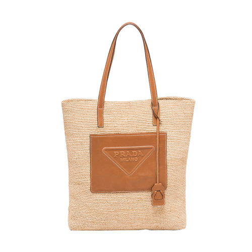 PRADA/普拉达 22新款 男士焦糖/米白色编织拉菲草配皮拆卸钥匙圈扁平手柄单肩手提托特包2VG094_2A2T_F0KFZ_V_OOO