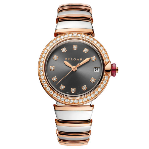 BVLGARI/宝格丽 精钢表壳 镶有钻石的18K金玫瑰金表圈和精钢表链 灰色烤漆表盘 镶有钻石的时标 LVCEA自动机械手表 33毫米103029