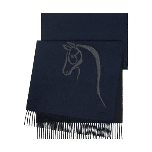 HERMES/爱马仕 22年早春新款 Cheval au Trait系列 男士深蓝/黑色马头图案纯羊绒围巾H393782T03