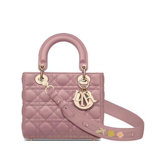 DIOR/迪奥 22新款LADY DIOR系列 女士小号复古粉色藤格纹羊皮革MY ABCDIOR单肩斜挎手提戴妃包（勋章款）M0538OCAL_M77P