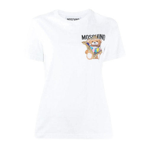 MOSCHINO/莫斯奇诺 女士白色棉质经典字母徽标画框泰迪熊印花案圆领短袖上衣T恤 A0704-0440-1001