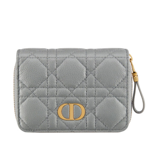 Dior/迪奥 22春夏新款CARO系列 女士灰色小牛皮藤格纹缉面线带拉链紧凑型钱包 S5032UWHC_M41G