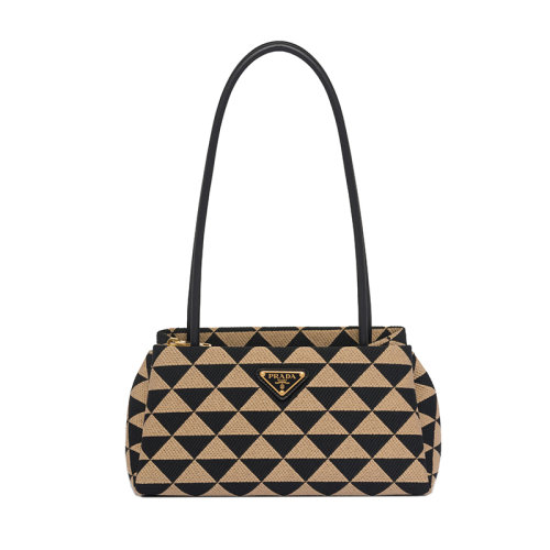 PRADA/普拉达 22新款 小号女士黑色/米色三角双色拼接效果织物配皮徽标金扣饰刺绣提花手提包1BA368_2FKL_F0Y30_V_OOO