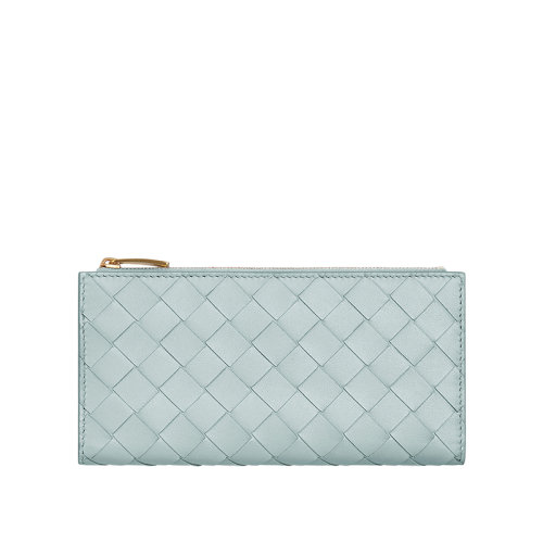 Bottega Veneta/葆蝶家 22春夏新款 女士水洗青色Intrecciato编织皮革双折拉链长款钱包651364VCPP23902