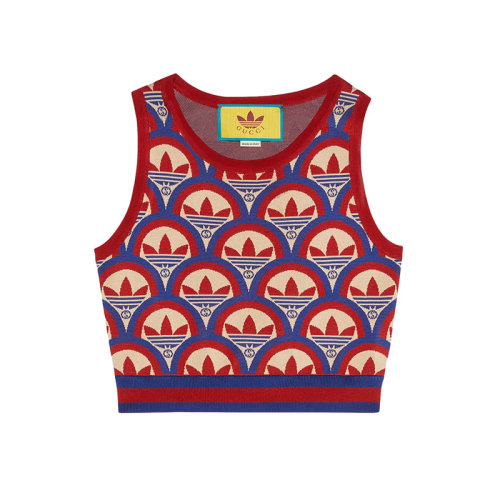  GUCCI/古驰 22年秋冬新款 adidas联名系列 女士红色/蓝色粘胶纤维混纺老花提花无袖上衣背心?702871XKCDO6431