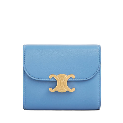 CELINE/赛琳 22春夏新款TRIOMPHE系列 女士小号天蓝色亮泽光滑羊皮革金扣钱包10D783BZG.07ZA