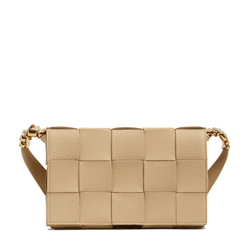 Bottega Veneta/葆蝶家 22春夏新款CASSETTE系列 女士燕麦色小牛皮双面Intreccio编织单肩斜挎豆腐包666870V17H19776