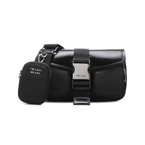 PRADA/普拉达 【22年新款】 女士织物配皮单肩斜挎包带小包黑色 1BD295 789 V BFO