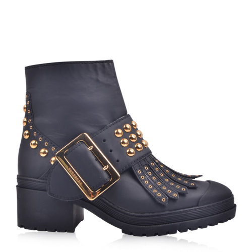 BURBERRY/博柏利女士磨砂皮金属扣铆钉流苏踝靴拉链粗跟短靴8007033