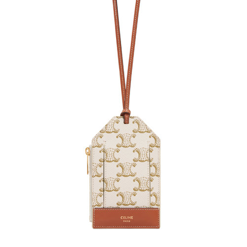 CELINE/赛琳 男女通用白色老花凯旋帆布棕褐色皮革项链型卡包卡片夹10H852DB7.01TA