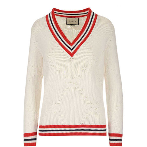 GUCCI/古驰  女士 时尚百搭 白色V领 条纹 女士针织衫/毛衣 套衫 579815-XKARR-9376
