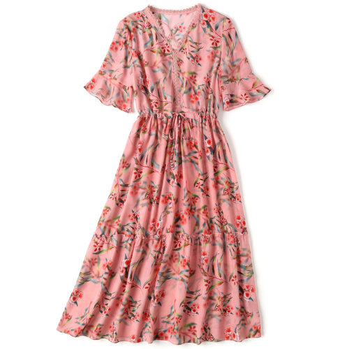 GeleiStory/GeleiStory真丝女士连衣裙桑蚕丝印花V领收腰显瘦长裙夏季