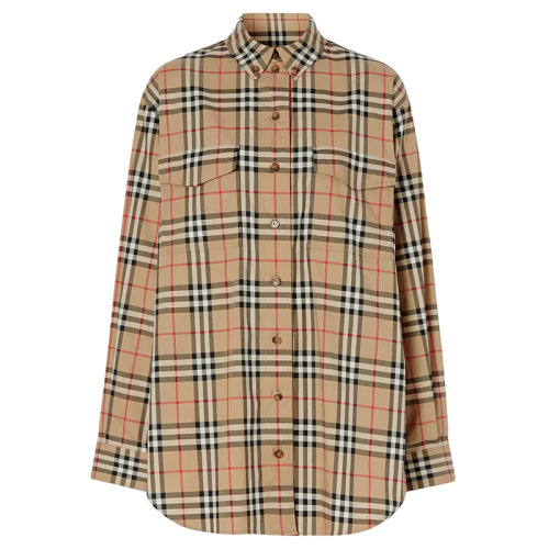 BURBERRY/博柏利  女士棕色复古格纹弹力棉质超大号衬衫80222851