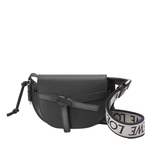 LOEWE/罗意威  Gate Dual系列 女士迷你黑色小牛皮翻盖单肩斜挎腰包0010623403