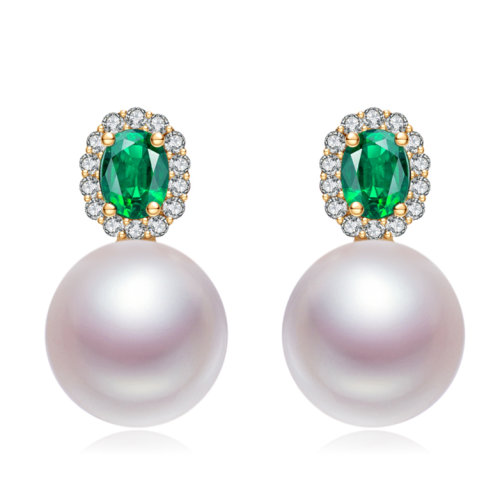 zhuella/珠艾乐 18k金合成祖母绿日本海水珍珠耳环