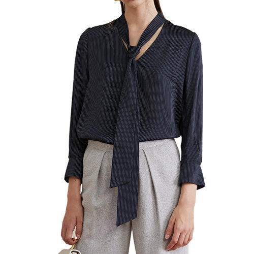 HUI/卉 女士长袖衬衫19春季深蓝色条纹系带衬衫OL风格长袖衬衫