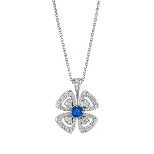 BVLGARI/宝格丽 FIOREVER系列 18K金白金镶嵌蓝宝石密钉钻石四叶草吊坠项链358426