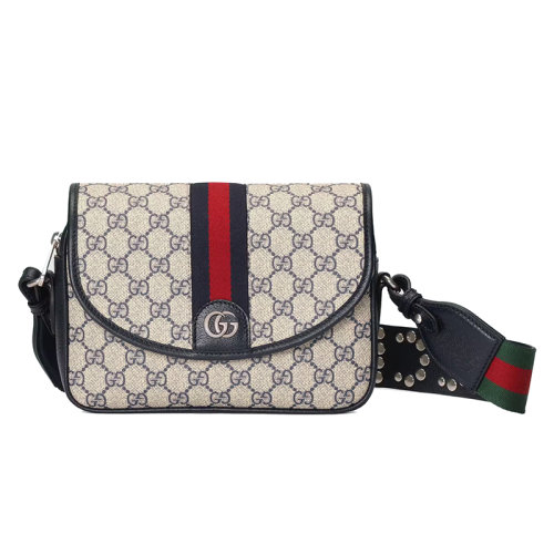 GUCCI/古驰 22新款Ophidia系列 女士迷你米色/乌木色老花帆布配蓝色皮革皮红蓝色织带细节配红绿铆钉肩带单肩斜跨包