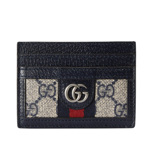 GUCCI/古驰 22春夏新款Ophidia系列 女士米色/蓝色老花帆布红蓝织带配蓝色皮革双G卡夹 52315996IWN4076