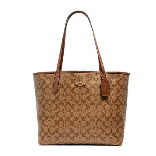 COACH/蔻驰 女士棕黑色PVC/配皮 光滑C纹印花表面logo徽标拉链内袋手提包单肩包女包 F5696 多色可选