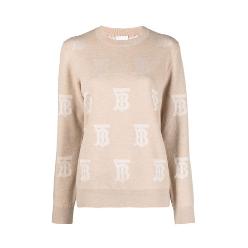 BURBERRY/博柏利 女士拼色羊毛混纺真丝TB徽标嵌花圆领毛衣 8052405