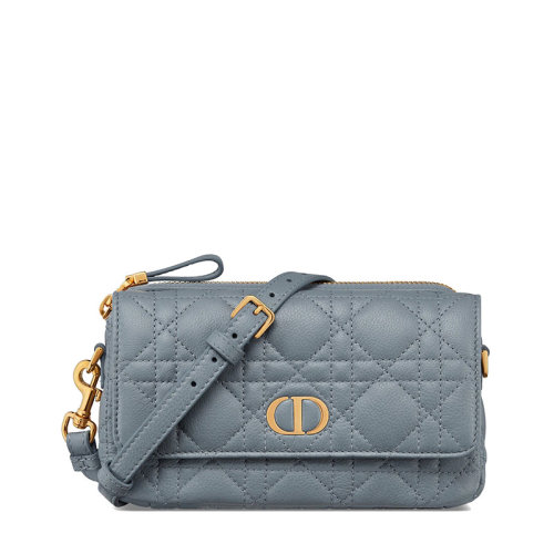 DIOR/迪奥 22秋冬新款CARO系列 女士云蓝色柔软藤格纹牛皮革CD金扣多隔层翻盖开合链条手拿包单肩斜挎包S5125UWHC_M81B