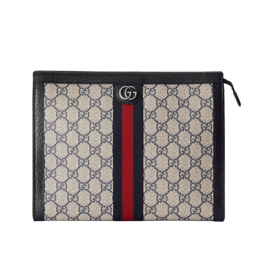 GUCCI/古驰 22春夏新款Ophidia系列 男士蓝色/米色老花帆布拼接蓝色皮革红蓝织带手拿包 62554996IWN4076