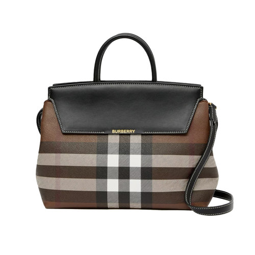 BURBERRY/博柏利 Catherine系列 女士中号深棕色皮革格纹图案拉链开合侧面按扣皮革提手拆卸肩带手提肩背包80618001