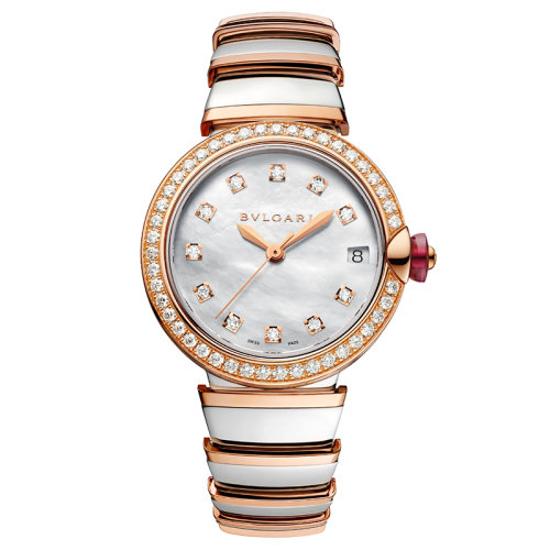 BVLGARI/宝格丽 表壳和表带由18 K金玫瑰金和不锈钢制成 表圈镶有钻石 白色珍珠母贝表盘镶有钻石 LVCEA自动机械手表 33毫米102476