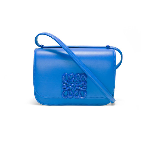 LOEWE/罗意威 22秋冬新款 Goya系列 女士小号蓝色丝绸牛皮革磁扣压纹标志亮面同色配件调节肩带肩背斜挎包A896N09X15-9585