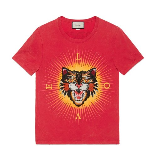 GUCCI/古驰 罗志祥/潘玮柏同款 男士棉质愤怒的猫图案男士短袖T恤