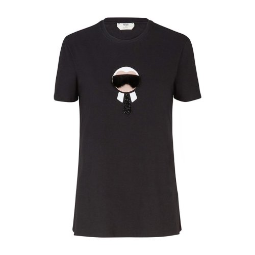 FENDI/芬迪 女装 服饰 黑色棉质老佛爷毛毛装饰修身 女士短袖T恤