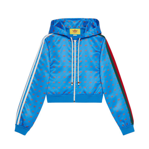 GUCCI/古驰 22年秋冬新款 adidas联名系列 女士蓝色尼龙面料斜纹老花印花连帽夹克693421XJEBI6269