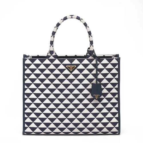 PRADA/普拉达 22新款Symbole系列 女士大号波罗的海蓝/粉雾白三角双色拼接效果织物配皮徽标金扣饰可拆卸吊饰单肩手提包1BA356_2FKL_F02Z7_V_OOO