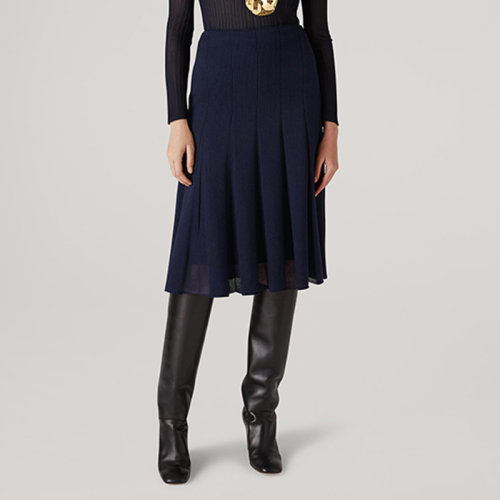 St.John/盛蔷藏青色压褶中长款针织女士半身裙K7110F1
