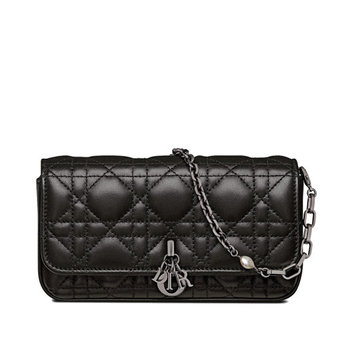 DIOR/迪奥 22新款LADY DIOR系列 女士黑色藤格纹羊皮革翻盖开合单肩斜挎链条手机袋S0977BNMJ_M900