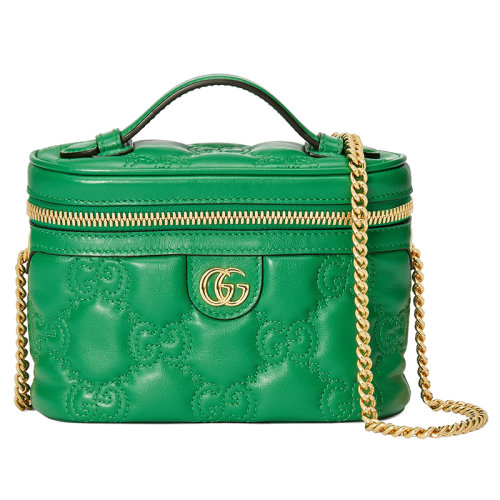 GUCCI/古驰 22新款Matelassé系列 女士迷你绿色老花绗缝皮革金扣金链拉链开合单肩手提链条化妆包723770UM8IG3219