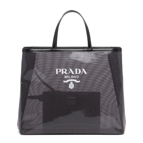 PRADA/普拉达  女士黑色织物材质皮革提手附可拆卸皮革拉链式小袋亮片装饰网眼手提托特包1BG416_2D0A_F0002_V_OOO