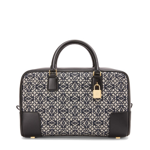 LOEWE/罗意威 21新款Amazona 28系列 女士海军蓝色黑色徽标提花织物小牛皮饰边挂锁装饰单肩斜挎手提包0010623437