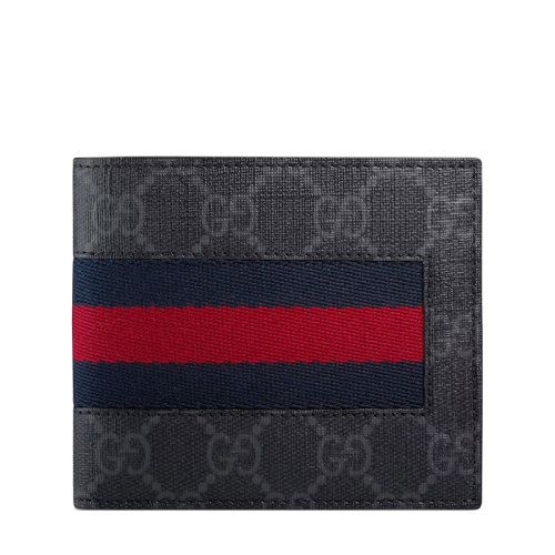 GUCCI/古驰 经典款 男士黑色GG帆布蓝红条纹织带装饰带有硬币袋双折钱包408826KHN4N1095