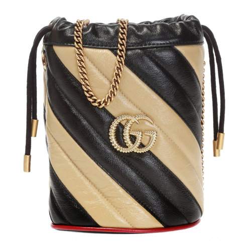 GUCCI/古驰 辛芷蕾同款女士黑色小牛皮经典双G金属字母徽标条纹装饰抽绳开合单肩包斜挎包链条包水桶包女包 573817-0OLQX-9694