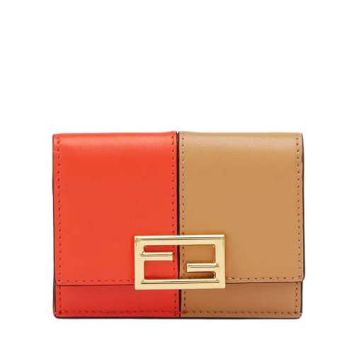 FENDI/芬迪  女士MICRO双色调红色米色皮革金色金属饰面三折钱包8M0395A1KSF1FVR