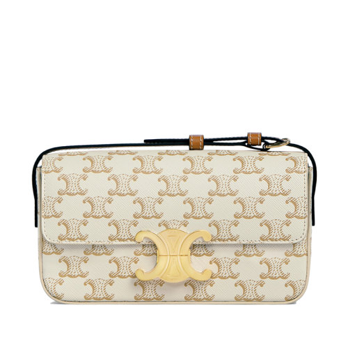 CELINE/赛琳 TRIOMPHE系列 女士白色凯旋老花帆布棕褐色小牛皮饰边金扣翻盖斜挎单肩包194142CUZ.01BC