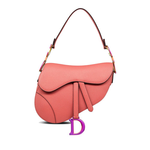 DIOR/迪奥 22新款 女士珊瑚粉粒面牛皮革金属吊饰搭扣手提肩背马鞍包M04464BDG_M76P